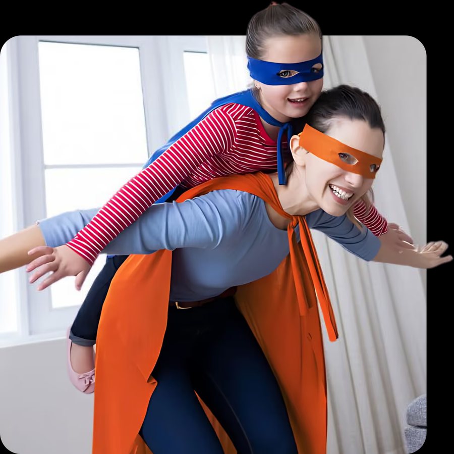 Mom and daughter in superhero capes — the S.O.S. brand imagery